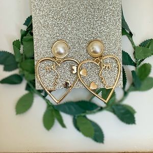 Gold Heart Shaped Face Drop Earrings